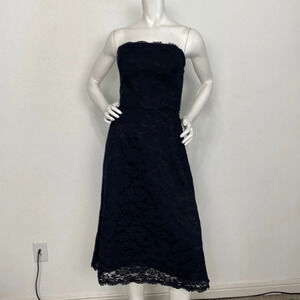 Dessy Collection Black Floral Lace Strapless A-Line Midi Dress Size 8